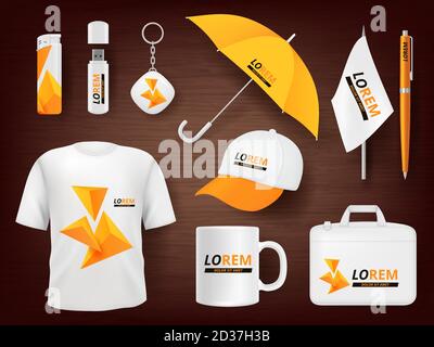 Identity. Business corporate souvenir promotion stationery items uniform badges packages pen lighter cap vector realistic mockup Stock Vector