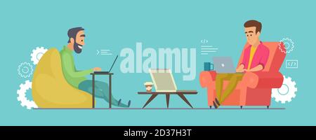 Programmers vector characters. Software developers working on laptops in coworking illustration Stock Vector