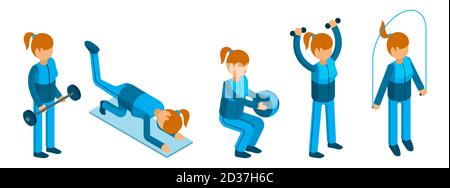 Isometric girl doing sport exercises. Woman fitness characters isolated on white background Stock Vector