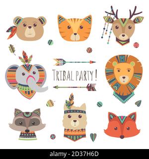 Cartoon tribal animal heads isolated on white background. Vector lama, bear, elephant, raccoon, fox, cat ethnic style illustration Stock Vector