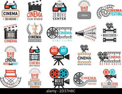 Cinema badges. Movie production symbols camera director chair film tape vector logo collection Stock Vector