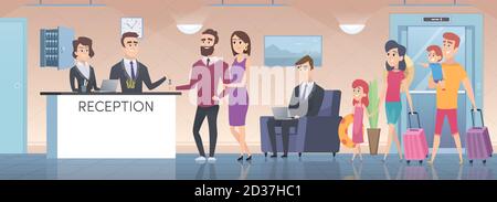 Hotel reception. Modern interior of guest room big hall with lounge zone lobby in hotel vector cartoon illustration Stock Vector
