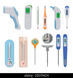 Thermometers. Difference hot and cold temperature measure counters indicators high and low vector pictures Stock Vector