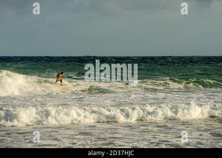 Surfers at Kealia beach which is Kapaa's premier surfing beach on Kauai Island, Hawaii, USA. Stock Photo