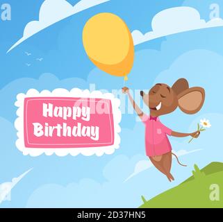Birthday invitation card. Funny little characters mouse celebration kids party vector template birthday placard Stock Vector