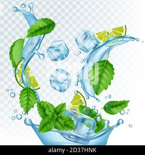 Fresh drink vector illustration. Realistic water, ice cubes, mint leaves and lime isolated on transparent background Stock Vector