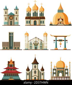 Traditional church set. Christian evangelistic and lutheran religion buildings, muslim islamic mosque and orthodox cathedral, buddhist pagoda and Stock Vector