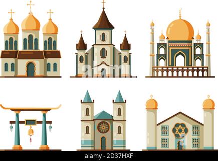 Religion buildings flat. Lutheran and christian church muslim mosque architectural traditional buildings Stock Vector