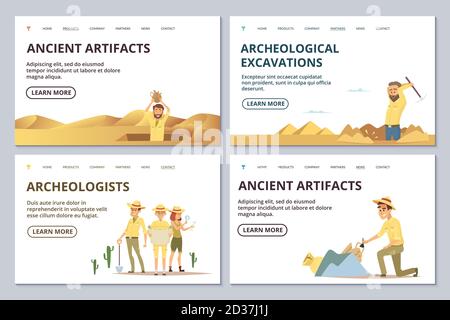 Archeologists landing page templates. Cartoon archaeologists explore antiquities vector illustration Stock Vector