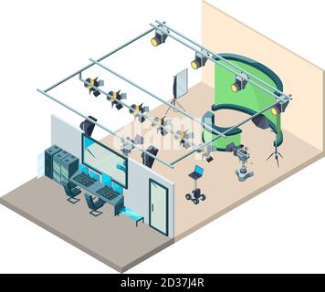 Tv studio interior. Television production room with professional equipment video cameras flashes softboxes tripod vector isometric Stock Vector