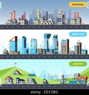Town flat. Ecology industrial smart city architectural objects different buildings factory vector horizontal illustrations Stock Vector