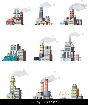 Factory. Industrial buildings smoke modern plants vector flat illustrations Stock Vector