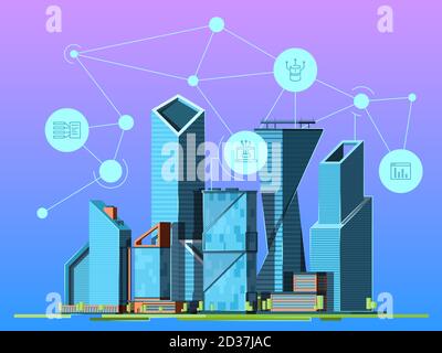 Smart city. Skyscrapers in urban landscape high technology environment wireless cityscape vector background picture Stock Vector