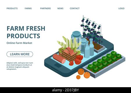 Online farm products web page template. Vector isometric organic green, fruits, dairy, meat on phone landing design Stock Vector