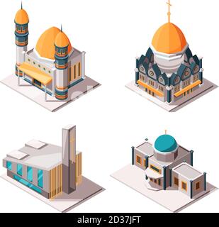 Religion buildings. Muslim mosque lutheran church christian and catholic cultural traditional religion isometric vector objects Stock Vector