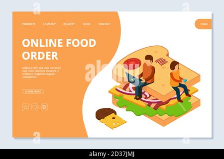 Online food order landing page template. Vector isometric sandwich and people illustration Stock Vector