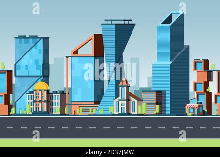 Seamless city. Urban landscape with buildings and office cityscapes with street traffic vector panorama 2d game pattern Stock Vector