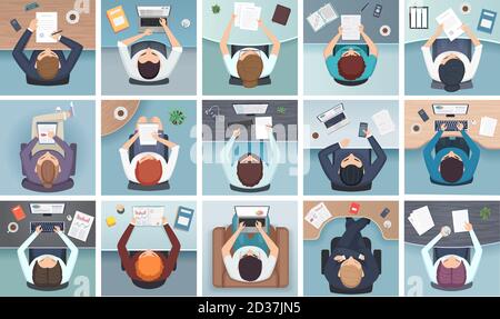 People top view. Business characters sitting at the table standing notes documents office supplies vector cartoon Stock Vector