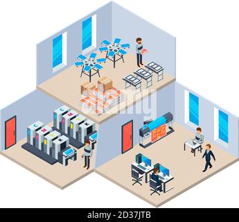 Printing house. Production industry polygraphy print technology company vector interior of printing house Stock Vector
