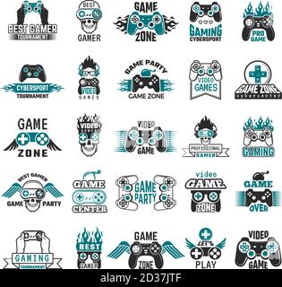 Video game labels. Gaming console cybersport logo joystick controller symbols of entertainment club vector collection Stock Vector