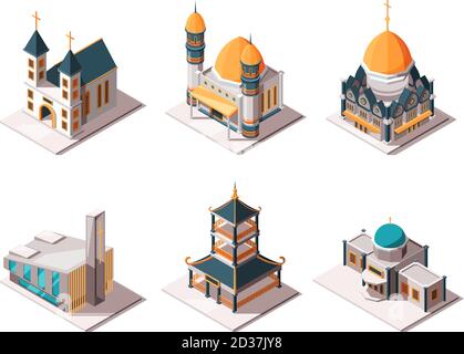 Religion buildings. Islamic mosque arabic architectural objects lutheran catholic christian religion landmarks vector isometric Stock Vector