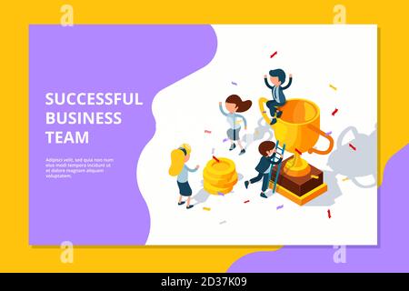 Successful business team. Trophy for professional destination prize for group award businessmen celebrating vector isometric concept Stock Vector