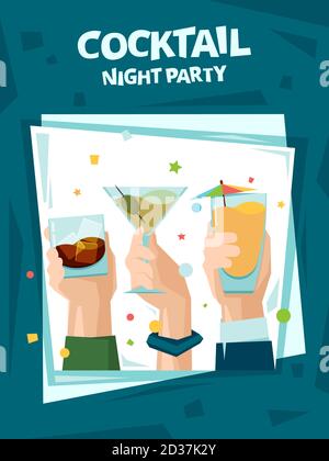 Cocktail party poster. Alcoholic cocktail drinks glass in hands summer beach party invitation placard vector template Stock Vector