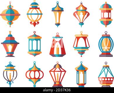 Islamic lanterns. Colored ramadan lamp muslim vector symbols collection Stock Vector