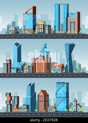 City landscape. Urban buildings with offices in town with road cityscape and city map vector background Stock Vector