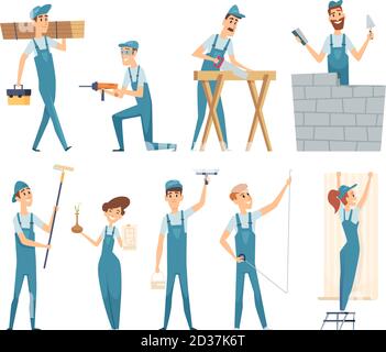 Workers. Male and female builders professional constructors at work vector mascot design Stock Vector