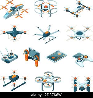 Drones. Aircraft innovation aerial technique vector aviation pictures isometric Stock Vector
