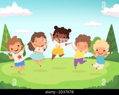 Happy kids background. Funny childrens playing and jumping laughing teen people vector characters Stock Vector