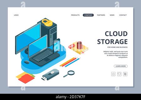 Cloud storage landing page. Isometric storage of information and data vector web page template Stock Vector
