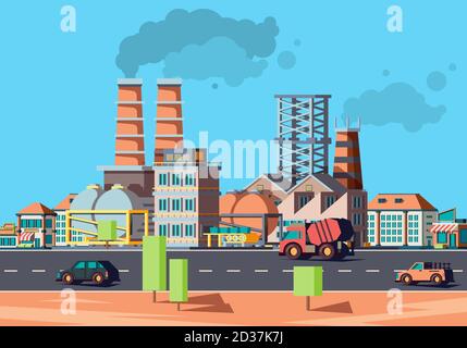 Industry city. Factory buildings in urban landscape flat vector facade of houses Stock Vector