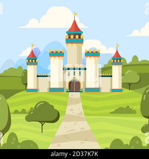 Fairy tale background with castle. Majestic building palace with towers vector medieval castle on green field Stock Vector