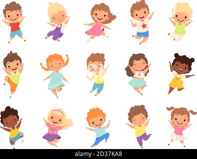 Jumping kids. Happy funny children playing and jumping in different action poses education little team vector characters Stock Vector