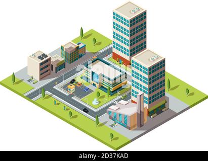 City mall. Urban isometric landscape with big modern building of retail hypermarket shopping center vector 3d map Stock Vector