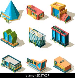 Shopping center. Mall retail commercial complexes architectural modern building store isometric vector Stock Vector
