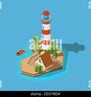 Lighthouse isometric. Sea ocean boat beach small island with navigation lighthouse and building vector picture Stock Vector