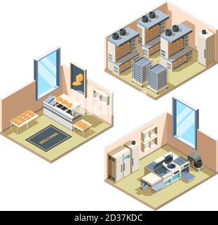 Bakery interior. Baking food bread industrial production fresh pastries shelves for food loaf market vector isometric interior Stock Vector