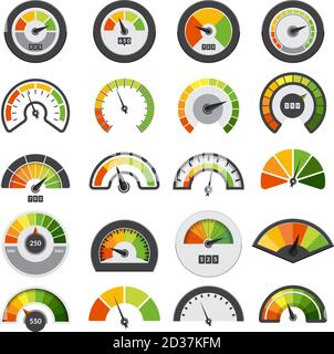 Speedometers collection. Symbols of speed score measuring tachometer level indices vector collection Stock Vector