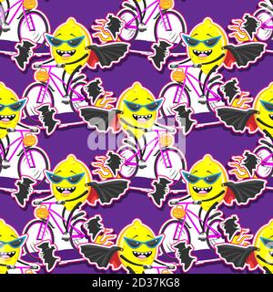 seamless pattern cartoon lemon in sunglasses raincoat bat on bike rides Halloween, vector image Stock Vector