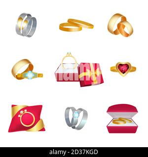 Wedding rings. Marriage symbols golden jewellery in box with ribbons vector cartoon love wedding cartoon icon Stock Vector