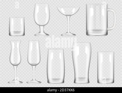 Transparent drink glass. Cup for alcoholic drinks crystal empty glass vector realistic collection Stock Vector