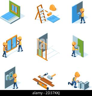 Home renovation. Worker installation new floor and walls painting flooring construct instruments vector isometric illustrations Stock Vector