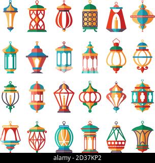 Arabic lamps. Old light muslim islamic lanterns vector cartoon colored collection Stock Vector