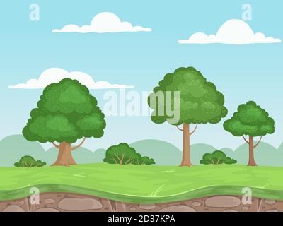 Seamless game nature landscape. Parallax background for 2d game outdoor mountains trees and clouds vector illustrations Stock Vector
