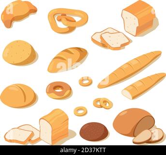 Cooking bread. Bakery food fresh pastries black and white bread delicious pretzel loaf vector isometric pictures Stock Vector