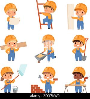 Little builders. Childrens with construction tools making job working builders in yellow helmet vector characters Stock Vector