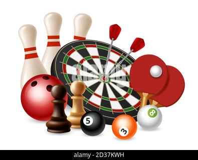 Gambling sport games. Vector bowling, darts, chess, ping pong isolated on white background Stock Vector